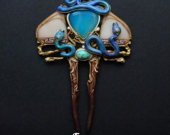 Art Nouveau jewelry, polymer clay jewelry, Greece, haircomb, hairpin, Gorgon Medusa, Medusa Gorgon, haircomb, snakes, gift for her