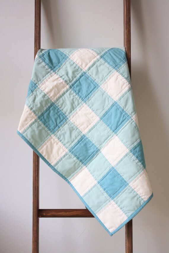 Green baby quilt Gingham baby quilt Green white by SunnyMarketCo