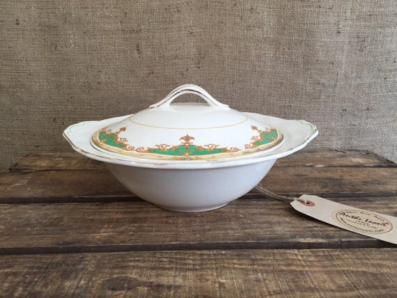GRINDLEY GREEN PETAL Ceramic Lidded Serving Tureen Circa 1940's / Grindley Transferware Pottery Green & Gold Leaf Detail Vegetable Tureen