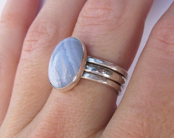 Sterling Silver Gemstone Ring - Hammered Stacking Ring Set - Stackable Rings for Women - Statement Ring - Silver Rings for Women