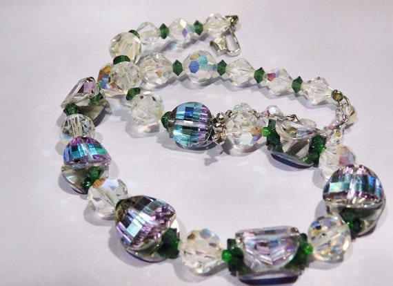 VENDOME Coro Necklace Swarovski Wisteria Pagoda Crystal Necklace Mid Century 1960s 60s Vintage French Fashion Style Coro Purple Green AB