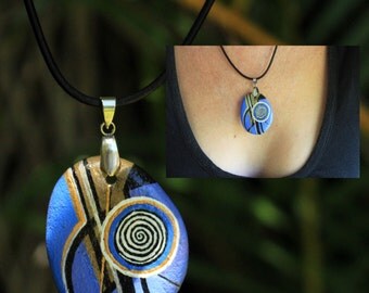 Painted stone art, painted rocks, stone necklace, tribal necklace, boho style jewels, wearable art, blue rocks, spiral design, hippie style