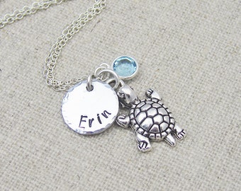 Personalized turtle necklace, silver chain, swarovski birthstone, name necklace, tortoise necklace, gift for her, silver turtle jewelry