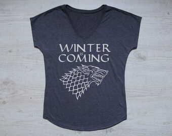 Winter is coming stark tee v-neck shirt t-shirt adult tri-blend mens womens house stark sigil winter Game of Thrones tee heather dark gray