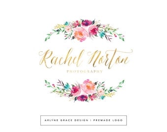 Premade Logo - Logo Design - Photography Logo - Watercolor Logo - Floral Logo - Flower Logo - Gold Logo - Business Logo - Branding Kit