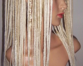 full head burning man dreads, 60 double ended dreads, synthetic dreadlocks, kanekalon, blonde dreads, white blonde, smooth dreads
