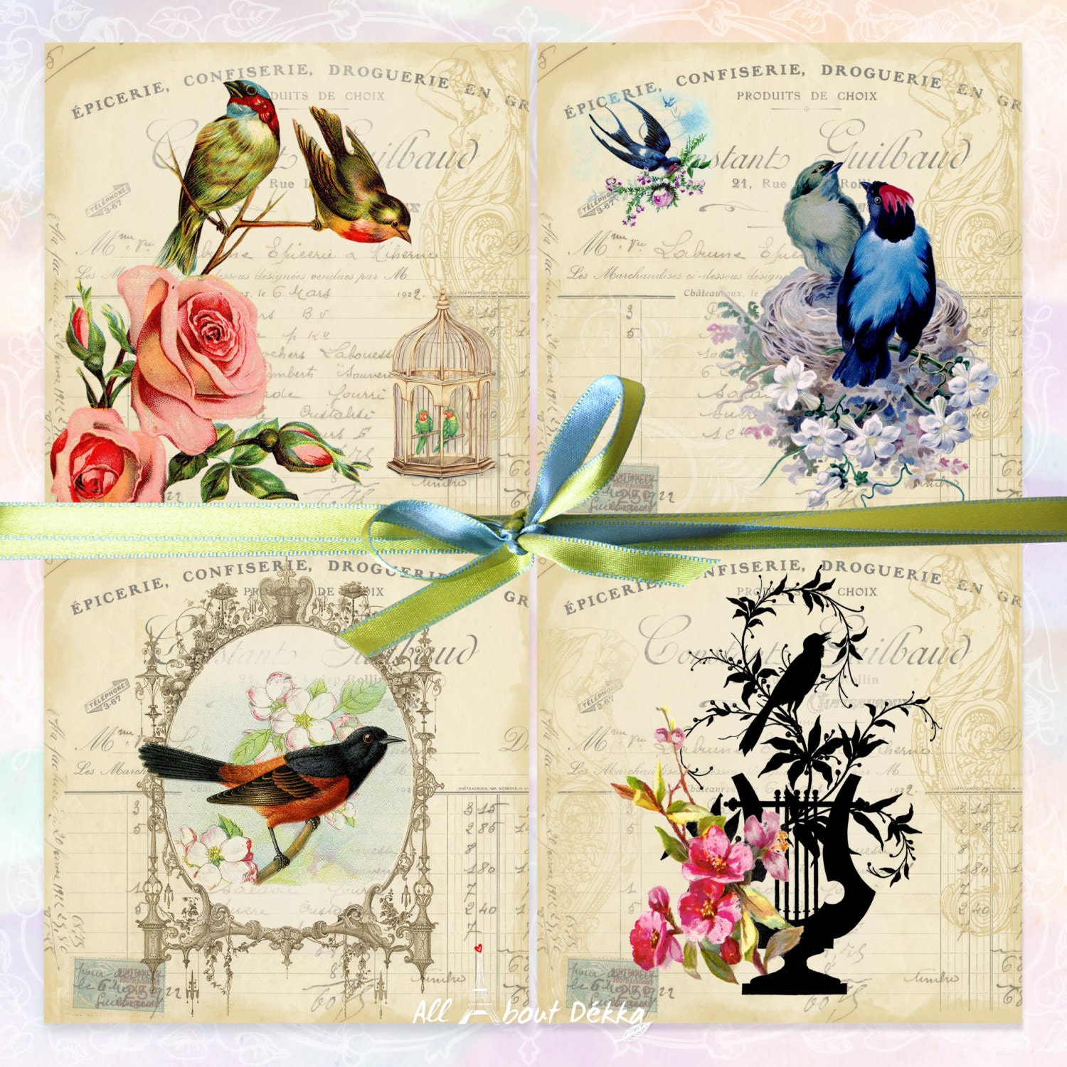 decoupage ireland Chic Birds Vintage Collage Shabby Coasters Square Sheet