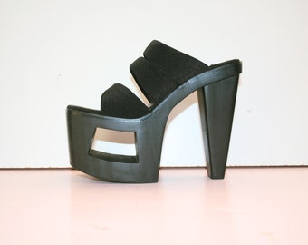 US 7 / UK 5 / 90s Black Platform Chunky Art Cutout Heels Strappy Platforms Jante Stripper Party Clubbing Shoes