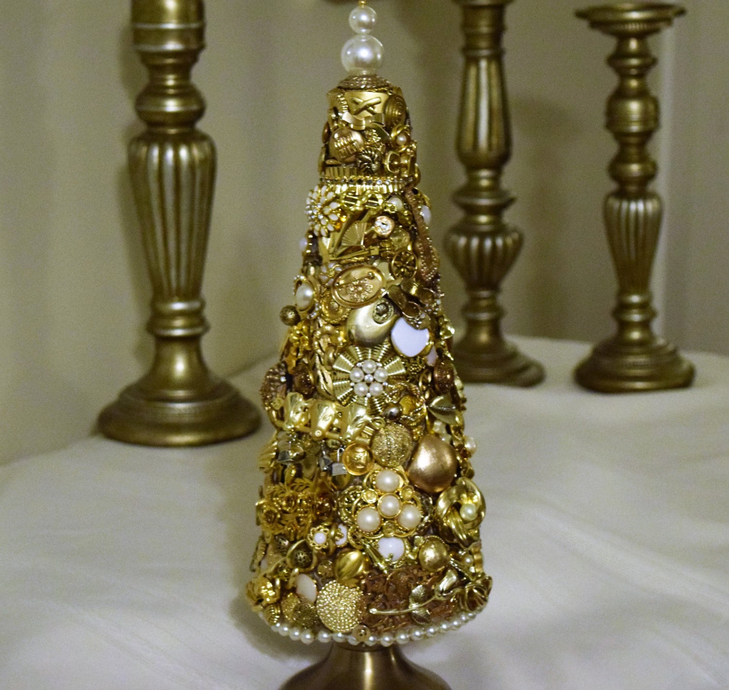 Vintage Gold Jewelry Tree OOAK Home Decor by MyGardenOfJewels