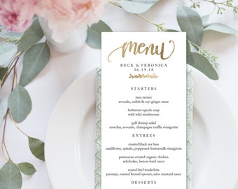 Wedding Menu Printable, Menu Editale Template | Menu Printable, Reception Printable, Gold Hand lettered, Dinner Menu 4x9"| No. EDN 5114