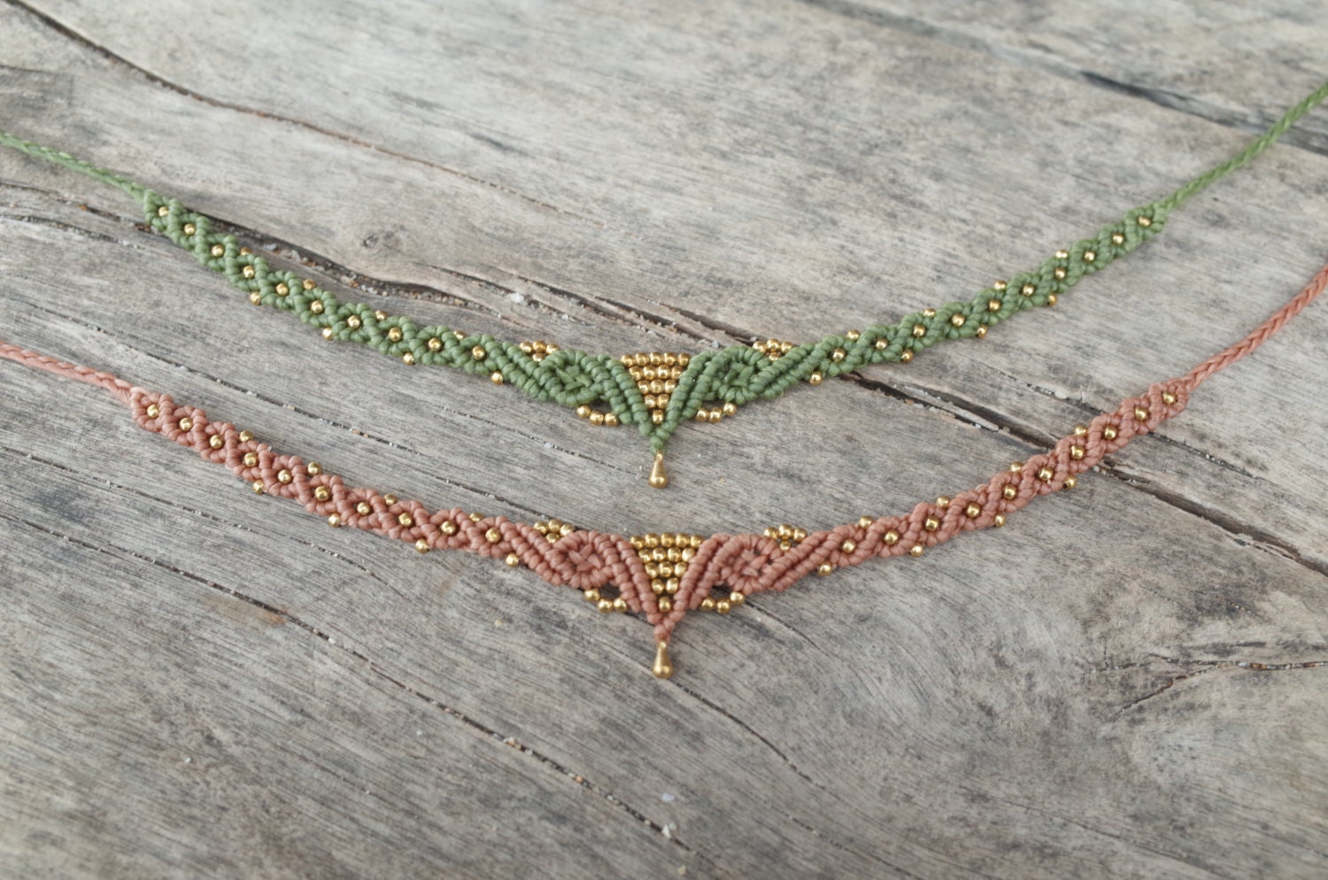 Macrame Necklace / Choker with Brass Beads / Macrame Headpiece