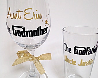 Godparent Wine Glass Gift Set,(2) Godparent gift, Godparent favors, Godmother and Godfather glasses, godmother wine glass, godfather glass,