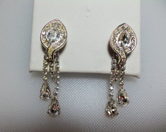 Clear Rhinestone Dangle Silver Tone Clip Earrings Marked Napier