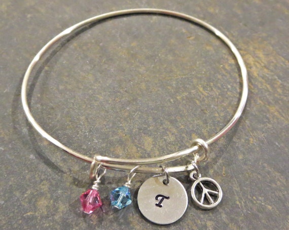 Mother's Bracelet - Personalized Bracelet - Initial Bracelet - Peace Sign Bracelet - Birthstone Bracelet - Adjustable Bangle