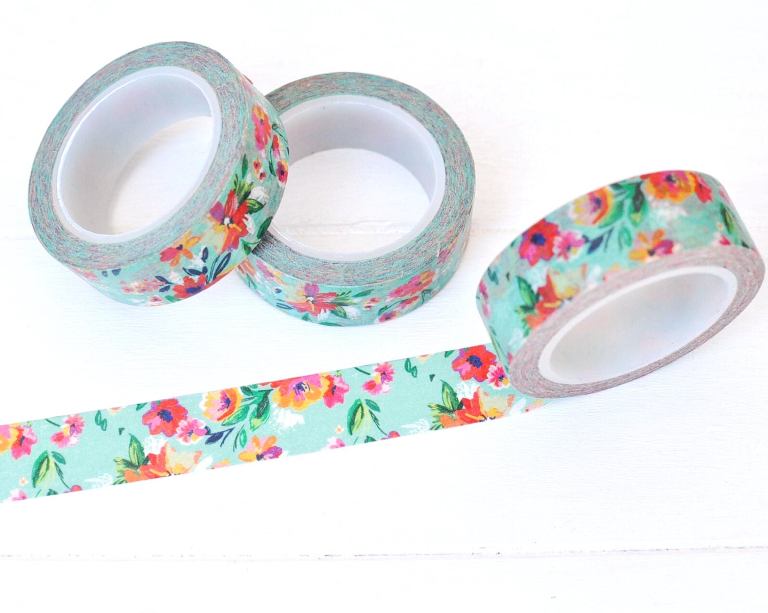 Turquoise Floral Washi Tape. 15mm x 10m. Colorful Washi Tape.