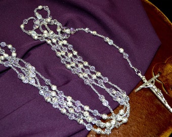 38" Silver Metal Ball Wedding Lasso Rosary - Crystal Wedding Lazo Rosary - Lazo de Boda