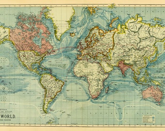 World map printable digital download. 1922 Vintage World Map.