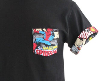 Spiderman Pocket Roll-up T-Shirt, Avengers T-shirt, Super Hero Pocket and Roll-up Sleeves T-shirt, Spiderman Tee