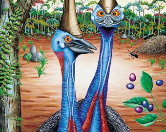 Lithograph Print, art print, fine art, cassowaries, Australian painting, original paintings, archival paper, acid free, original artwork