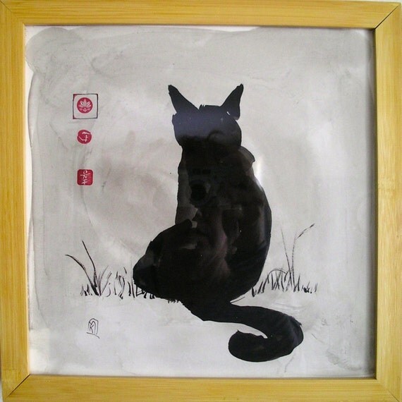 Original Ink Sumie Brush Stroke Painting with Red by