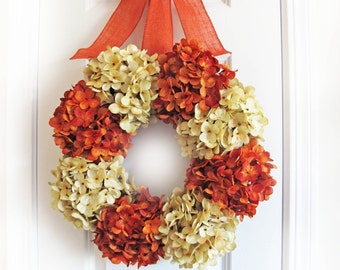 Pumpkin Wreath Hydrangea, Fall Wreath For Front Door, Orange Hydrangeas, Autumn Pumpkin Decor