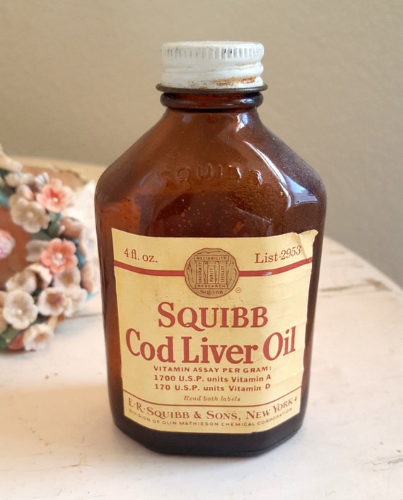 Vintage Amber Bottle Squibb Cod Liver Oil Glass Medicine