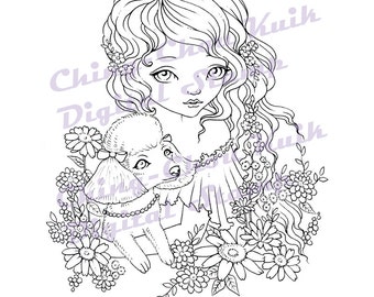 Sweet Poodle - Digital Stamps Instant Download / Cute Animal Puppy Dog flower Fantasy Fairy Girl Art by Ching-Chou Kuik