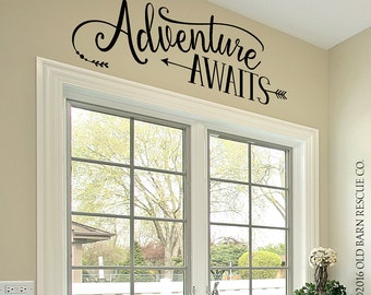 Adventure Awaits - Wall Decal, Vinyl Quote with Arrow - Adventure Quote - Tribal Theme Room Decor