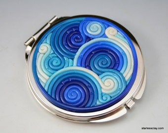 Compact Mirror in Blue and Teal Polymer Clay Filigree