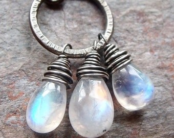 Sterling Silver Rainbow Moonstone Trio Necklace - Smooth Rainbow Moonstone Pendant on Sterling Silver Chain