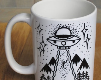 UFO "Hop in Dork" Coffee Mug | 15 ounce ceramic coffee cup with original alien abduction design | UFO Mug | Hop in Dork Mug | Alien Mug