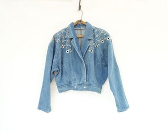 Vintage Jean Jacket 80s Studded Denim 1980s Cropped Jacket 80s Bomber Jacket Grommeted Denim 80s Denim Jacket Vintage Denim Jacket m