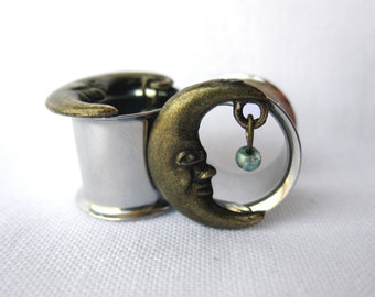 Pair of Unique Brass Moon Tunnels with Beads - Girly Plugs - Feminine Gauges - 7/16", 1/2", 9/16" (11mm, 12mm, 14mm) - Boho - Bohemian