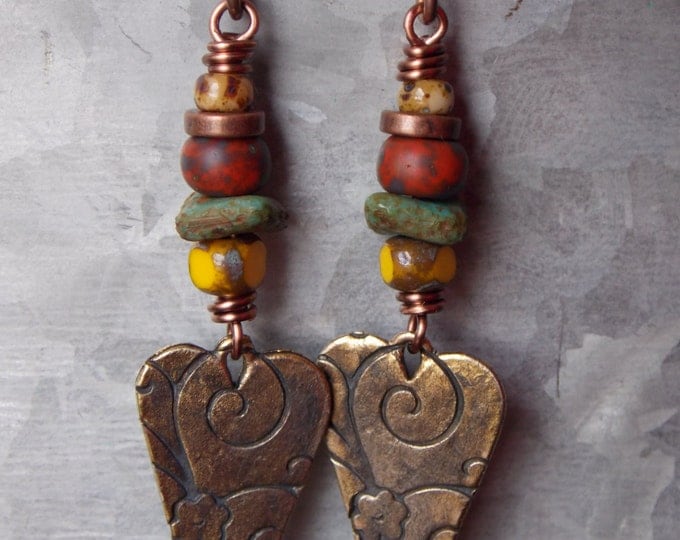 Mixed Rustic Czech Beaded Earrings,Picasso, Stone Woodland Red Yellow Green Czech Earrings Oxidized Copper Gold Heart Fall Earrings