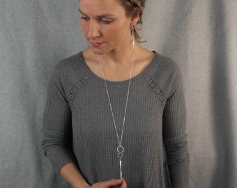 Long Sterling Silver Pendant Necklace - Hand Hammered Vertical Bar Spinning Pendant on a 30 inch Long Sterling Silver Chain