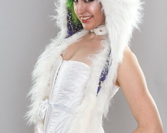 Magical White Bear Scoodie with pocket mittens, Warm Festival Hood, Burning Man