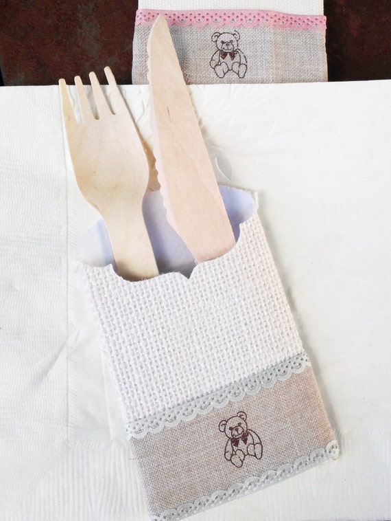 Items similar to Burlap utensil holder with bear set of 4 on Etsy
