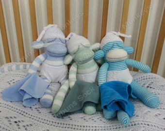 Baby Boy Sock Monkey Doll with Diaper and Blanket and Optional Embroidered Name