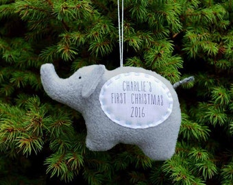 Baby's First Christmas Personalized Ornament, Personalized Christmas Ornament, Custom Ornament - Gray Elephant