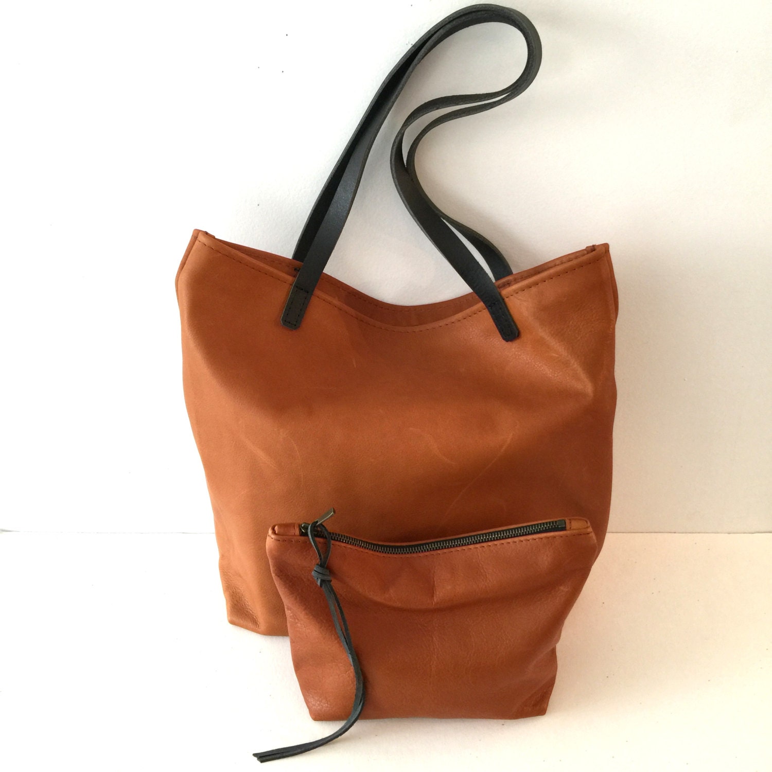 Supple Brown Leather Tote Bag with Black leather straps