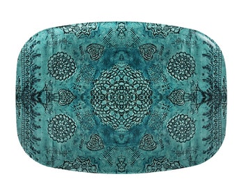 Bohemian dinner platter, teal serving platter, boho serving dish, art reproduction, hostess gift, wedding gift, couples gift, melamine dish