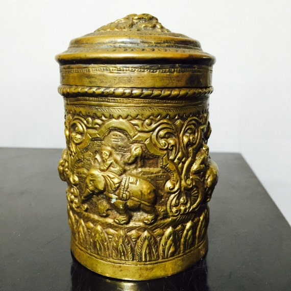 Vintage Jar Indian Brass Embossed Hammered by OffbeatAvenue