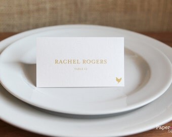 Script Food Icon Food Choice Indication Wedding Custom Customize Place Cards Gold Simple Elegant Names Guest Escort Cards