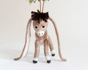 Christmas Ornament - Nestor - The small Long-Eared Christmas Donkey. Art Toy Felted baby donkey gift for kids.