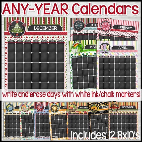 ANY YEAR Monthly CHALKBOARD Style Calendars Annual