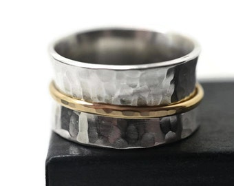 Meditation Ring, Two Tone 14K Gold Filled & Silver Spinner Ring, Classic Spinning Band for Women, Handmade Fidget Ring, Men's Worry Jewelry