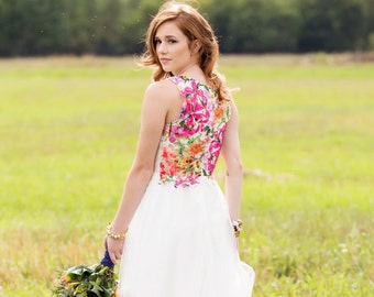 alternative wedding dress, all white with bright floral back