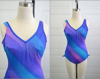 1980s Robby Len Blue Striped Swimsuit