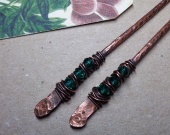 2 Metal Hair Sticks - Dark Green & Hammered Copper Hair Pins - Choose Length - Hair Bun Holders - Pins Combs Barrettes Forks - Womens Gift
