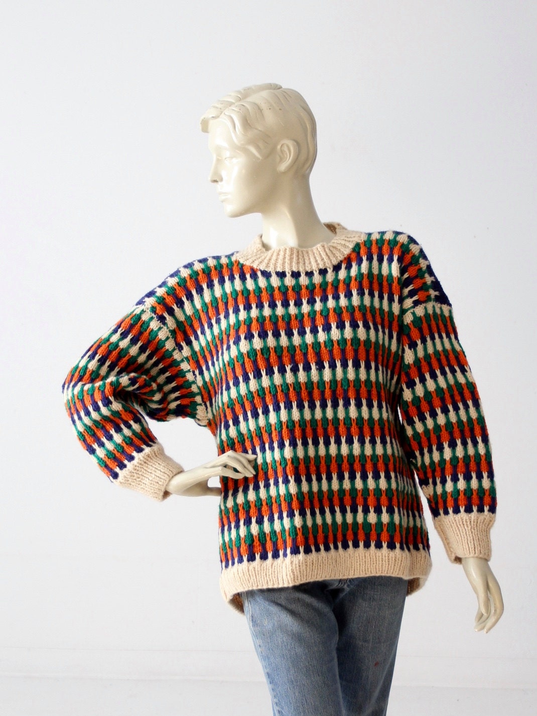 vintage chunky knit sweater multi-color geometric knit